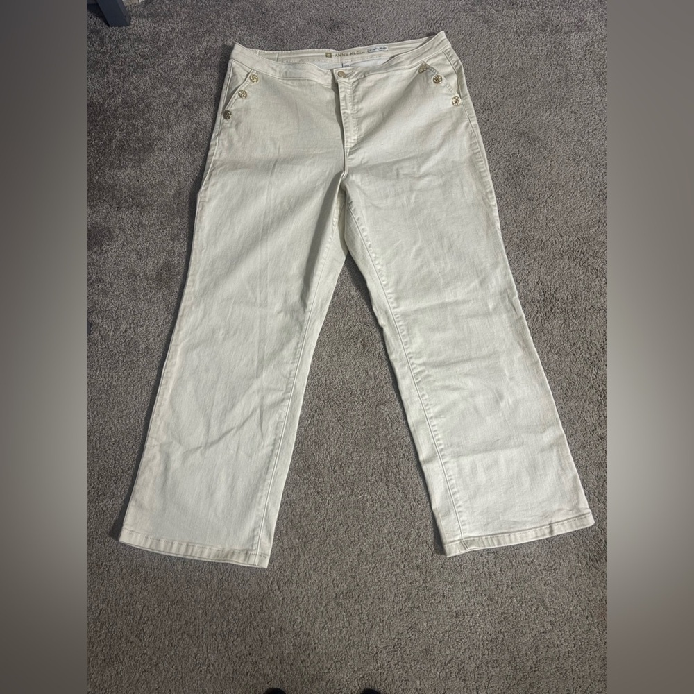 Anne Klein Pants Women White Cream Gold Button AK High Rise Trouser Size 16 - Picture 3 of 16